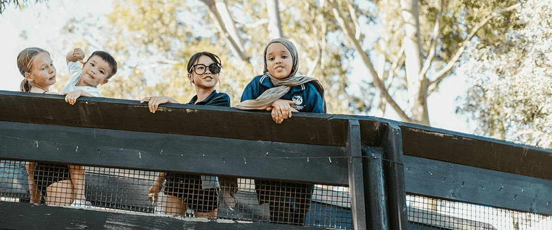 Community children enjoying outdoor play at The Venny animal farm. Children playing on a wooden platform at The Venny animal farm.